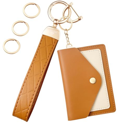 OHKYOOT Leather Wristlet Keychain,Wrist Keychain Car Key Chain with 3 Key Rings,D Ring and Slim Wallet (Brown)
