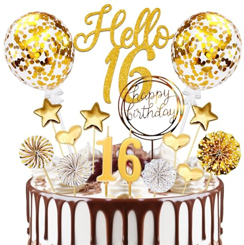 Kuchen Deko 16 Geburtstag Junge Mädchen, Geburtstagsdeko 16 Jahre Tortendeko Gold, Hello 16 Cake Topper mit Geburtstagskerzen, für 16. Geburtstag Junge Mädchen