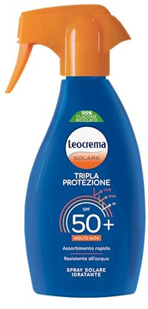 Leocrema - Crema Solare Spray SPF 50+, Tripla Protezione dai raggi solari, Assorbimento Rapido e Resistente all'Acqua, 250ml