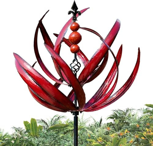 Moulin À Vent en Métal De Lotus avec Piquet pour Cour, Pelouse et Jardin - Éolienne Décorative