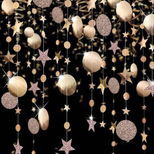 52Ft Champagne Gold Twinkle Circle Dot Star Garland Decoration,Hanging Shiny Paper Garland for Backdrop Kid Room Birthday Baby Shower Wedding Graduation Party Decorations