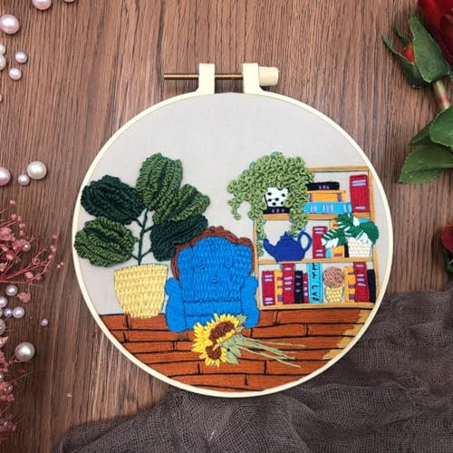 N.LANSHAN Stickerei Set Stick-Starter-Kit Für Schlafzimmer Mit Cartoon-Motiv. Grüne Topfpflanzen. 3D-Stick-Starter-Kit Mit Anleitung，Stickrahmen，Fäden Und Werkzeugen. 30x30cm