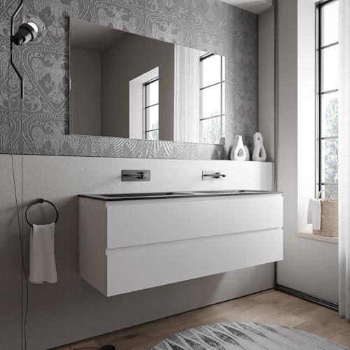 BERNSTEIN Badmöbel-Set Ava 140cm bestehend aus Mineralguss-Doppel-Waschbecken mit Unterschrank in Weiß matt, Waschtisch CREAM - Schwarz matt ohne Hahnloch, Ideal für große Bäder