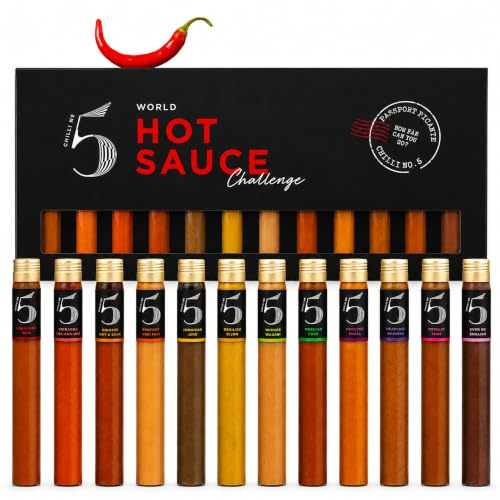 Chilli No. 5 Passport Piccanté | Coffret Sauce Piquante du Monde- 12 flacons en verre de 25 ml, Coffret Cadeau Gourmet, Super-aliments Sains, Végan, Sans Gluten, Sans Arômes