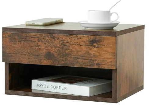 LYNCOHOME Wandregal mit Schublade, Nachttisch Nachtkommode Hängend, Nachttisch Wandmontage, Wandschublade, Wandboard Schlafzimmer, Vintagebraun