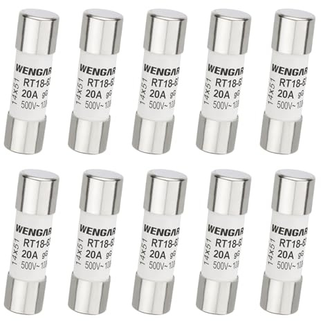 Wengart Pack de 10 Fusibles Cerámicos Cilíndricos 14x51 mm, 25A 500V AC, Alta Capacidad de Ruptura 100kA, Tipo gG (Uso General), Fusible de Cartucho para Industria y Protección Solar, RT18-63 (RO16)