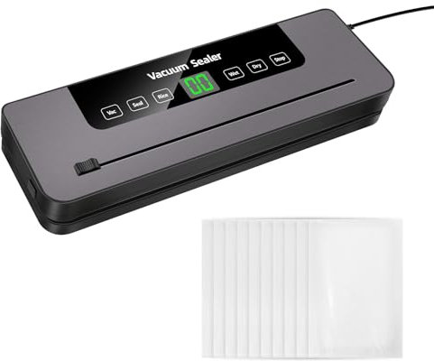 Vacuum Sealer Fast-Compact Vacuum Sealer Machine with Vacuum Sealer Bags ＆ Built-in Cutter High-Speed Continuous Working for Preserving Meat/Fish/Fruits/Vegetables, Black