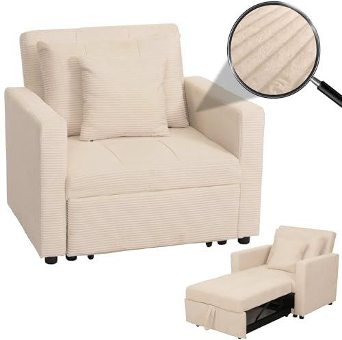 Mendler Schlafsessel HWC-L90, Klappsessel Gästebett Relaxsessel, Liegefläche 200x100cm Stoff/Textil Cord - Creme-weiß