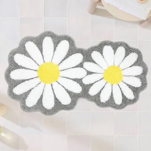 Homantic Tapis Gris à Marguerites Microfibre, 60 x 100 cm | Antidérapant et absorbant, adapté pour lavabo, baignoire et chambre à coucher