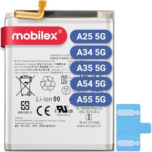 MOBILEX Batterie EB-BA546ABY pour Samsung Galaxy A25 5G / A34 5G / A35 5G / A54 5G / A55 5G | 5000 mAh - OEM | Pièce de rechange interne avec adhésif | Capacité d'origine