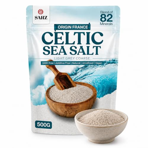SAHZ 500g Celtic Sea Salt | 100% Natural, Unrefined, Coarse Celtic Salt | Hand-Harvested in Guérande, France | Pure 82+ Mineral-Rich Celtic Sea Salt for Cooking, Baking & Seasoning.