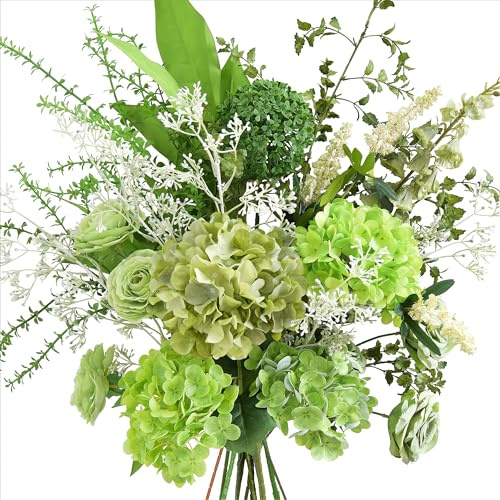 FiveSeasonStuff Elegant Green Artificial Bouquet – Hydrangea, Roses, Camellia, Baby's Breath & More for Home Décor, Weddings, Centerpieces, and Events