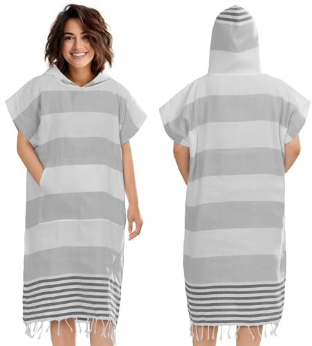 JEMIDI Hammam poncho - snabbtorkande lätt vuxen strandrock handduk med huva - byter huva vuxna ponchos - för simning surfbastu - ljus och mörkgrå - storlek L/XL