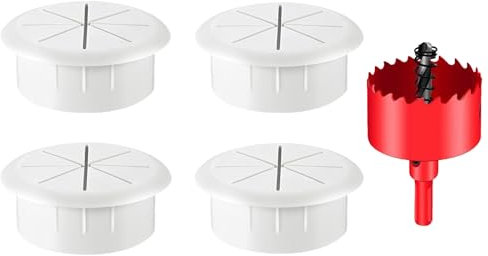 DuDuZui 4 Pièces œillets de Bureau, Passe-câble de Bureau 60mm Passe-câble de Bureau, Idéale pour Le Bureau et la Maison Câble de Table, avec Scie Cloche (60mm, Blanc)