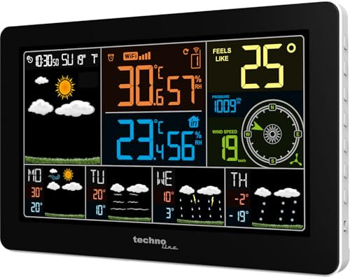 Technoline WLAN WD2700, kostenlose DirektWetter App, 4-Tages-Vorhersage, Innen- und Außentemperatur, Innen- und Außenluftfeuchte, Windrichtung- und Geschwindigkeit, Niederschlagswahrscheinlichkeit