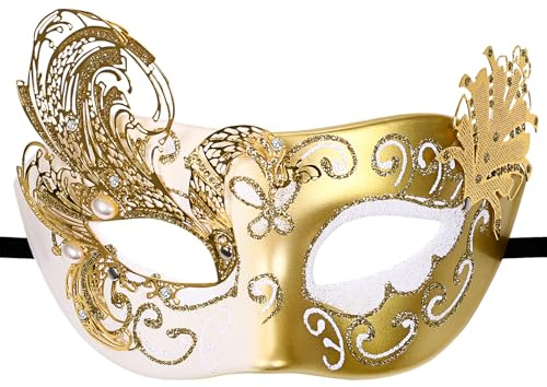 Flongo Pfau Maskerade Maske für Damen: Gold Venezianische Metall Halbmaske mit Schmetterling Design Glitzertextur maske Mit Perlen und Kristall Fasching Karneval Hochzeit Kostüm Accessoire