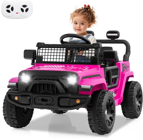 COSTWAY Elektrisk Barnbil 12V med Fjärrkontroll – Rosa Elfordon för Barn från 3 År med Musik, Tuta, LED-Lampor och 3 Hastigheter, Säker och Bekväm Körning