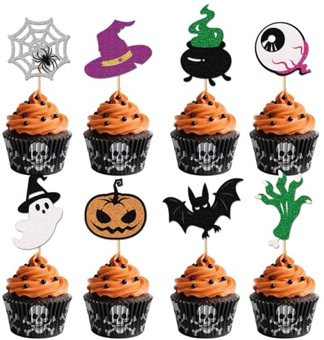 24 Pack Halloween Cupcake Toppers - Pumpkin Spider Web Bat Ghost Cake Decorations for Halloween Theme Baby Shower Kids Birthday Party Supplies