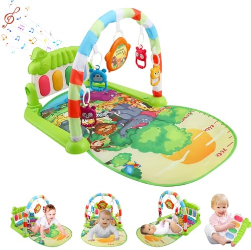 Delousiber Baby Play Gym Mat, Cute Animal Themed Baby Playmat, Baby Play Piano Tummy Time Musical Activity Mat with 5 Infant Sensory Baby Toys, Floor Gyms Gift for Babies(Green Zoo Party)
