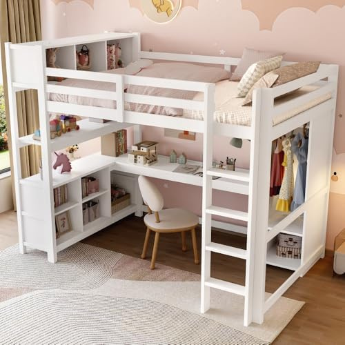 Luonians Lit Mezzanine Enfant/ado/Adulte 140x200,avec Bureau,penderie, étagères,rangements Multiples,lit superposé Enfant 140x200,Cadre de lit Mezzanine 2 Place (Blanc)