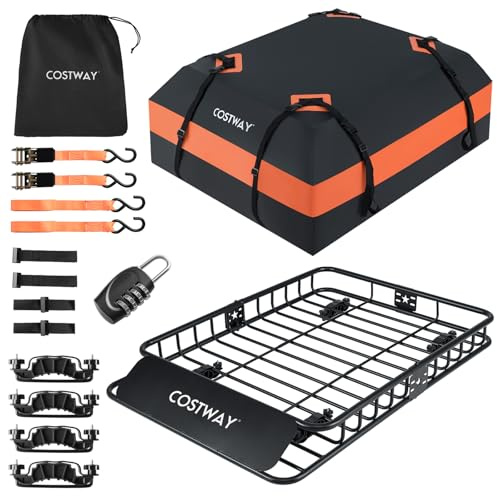 COSTWAY Portapacchi Auto da Tetto, Cestino Portapacchi da Tetto con Borsa per Bagagli e Cinghie a Cricchetto, Portata 90 kg, Barre Portatutto Universale per SUV, Camion, Berlina, 130 x 91 x 17 cm