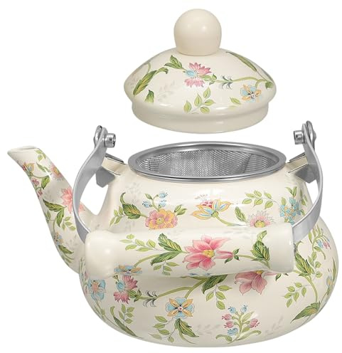 Bouilloire Rétro en Émail 1, 5 L pour Thé et Café, Blanche | Facile à Nettoyer, Bec Lisse, Usage Mariage et Anniversaire, Style Pratique, pour Amateurs de Thé