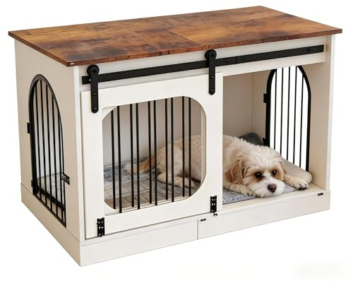 XL Dog Crate End Table, 39.4 Wooden Dog Kennel Furniture with Sliding Door, 250LBS Capacity Dog Cage Indoor, Chew-Resistant Pet Crate for Medium/Large Dogs, Rustic Brown & White