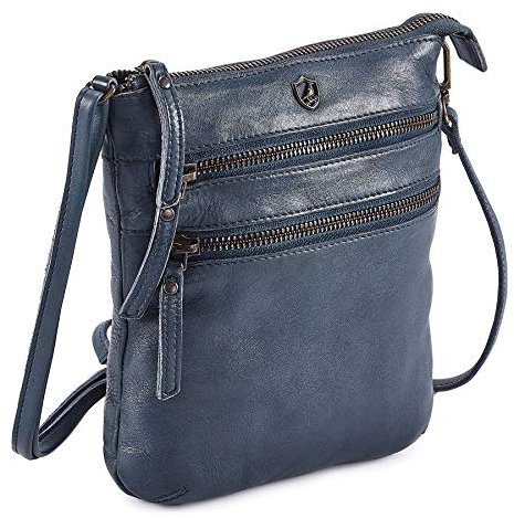 Cochoa Small Triple Zip Real Leather Women's Crossbody- Premium Vintage Crossover Shoulder Sling Bag (Ocean Blue)