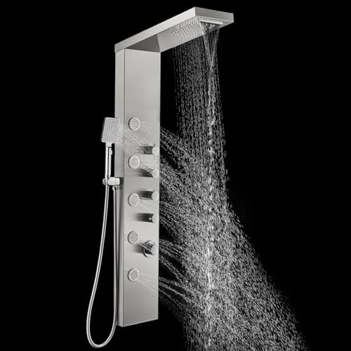 ROVOGO Shower Panel Tower with Rainfall Waterfall Shower Head, 5 Body Jets and 3-Function Handheld, High Pressure Rain Massage System, Wall-Mount Shower Column, Stainless Steel Brushed
