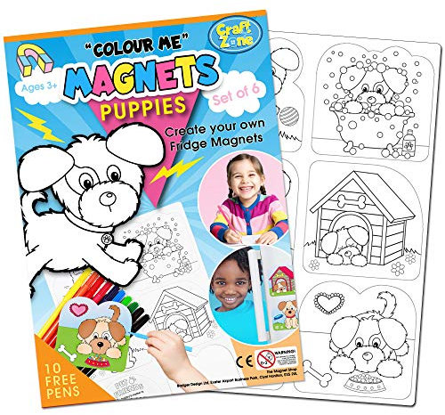 Colour Me Magnete, zum Ausmalen von Magneten, für Kinder und Kleinkinder, hergestellt aus weichen, flexiblen und CE-geprüften Materialien Jede Packung hat 6 Designs und 10 gratis Filzstifte (Welpen)
