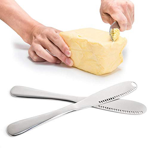 Eighty Lot de 2 couteaux à beurre en acier inoxydable multifonction 3 en 1 Couteau à beurre professionnel trancheuse à beurre avec bord dentelé, fentes pour déchiqueter les légumes