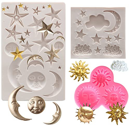 Fangleland Stampi in silicone a forma di luna e stella, sole, luna e stelle, per torte di compleanno e matrimoni, decorazioni per cioccolatini, caramelle, biscotti
