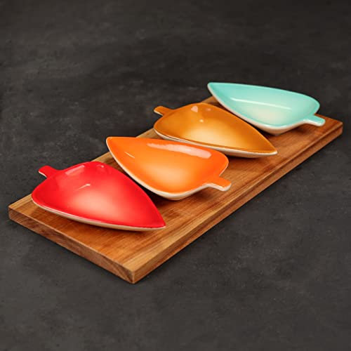 furni24 Blatt-Snack- und Vorspeisen-Set -Buche Basis | Gewürzschale, Würze Gerichte/Sushi Soja Dipping Schüssel, Snack Servierschalen, Blatt-SnackPorzellan kleine Untertasse Set (9x15cm - 4er Set)