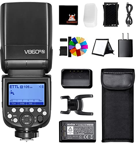 GODOX V860III-N Kamerablitz Speedlite Kit 1/8000s HSS 10 Stufen Einstelllicht Schnellverschluss 2600mAh Akku 1,5s Ladezeit GN60 Blitzgerät für Nikon D3400 D5300 D7000 D750(V860III-N)