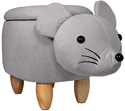 SVITA Animal Storage Kinderhocker Tierhocker mit Stauraum gepolsterter Hocker mit Holzbeinen Tier-Motiv (Maus Grau)