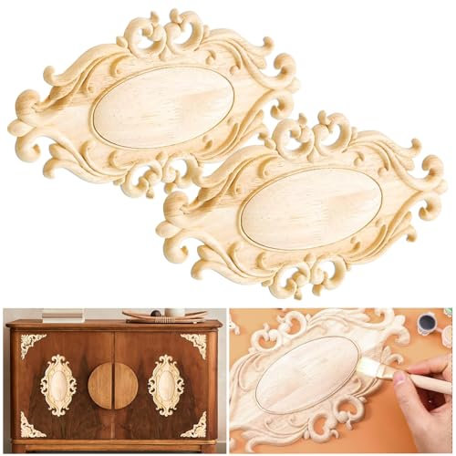 Dtoterul 2 StüCk Holz Ornamente, Holzornamente für MöBel, Holz Geschnitzte Onlay Appliques, Ovales Holz Verzierung Schnitzerei Applique Als Dekoration für WäNde, TüRen, SchräNke, Fenster Oder Spiegel