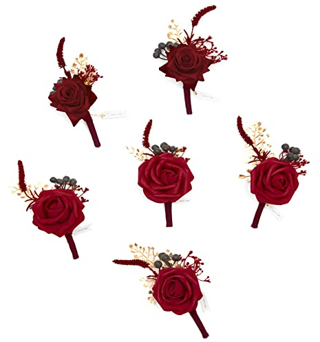 Tinge TIME Boutonniere Men's Wedding Set of 6 Groom Corsage and Corsage Set with Pin for Wedding, Anniversary, Formal Dinner Party and Prom (6, Ketchup Red)
