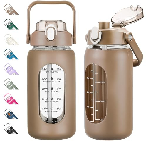 kytffu Botellas de agua de vidrio de 42 onzas con popote, botella de vidrio motivacional con funda de silicona y marcador de tiempo, jarra de agua grande a prueba de fugas para gimnasio, oficina en