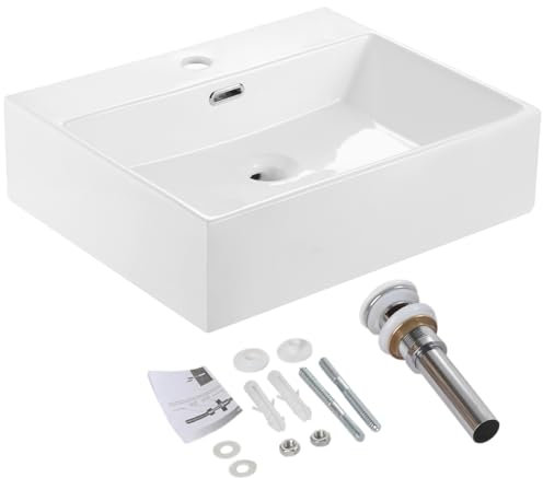 HOROW Waschbecken Waschtisch aus Keramik - Aufsatzwaschbecken Bad Hängewaschbecken Eckig Waschbecken Klein 50 cm Breit Gäste WC Weiß 50 x 42 x 14 cm - mit Überlauf, Ohne Ablaufgarnitur