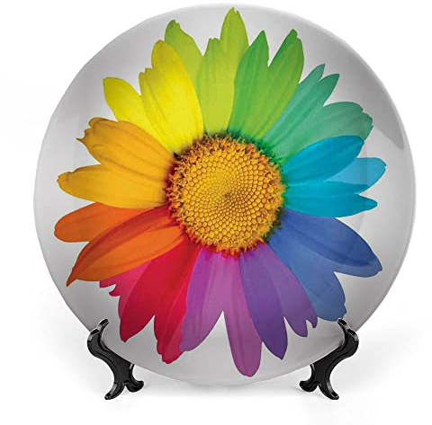 LIGUTARS Decorative Plates, Floral Print Ornament, Rainbow Colored Sunflower Image Hippie Style, 8 Inch, 1 Plate with 1 Display Stand, Multi