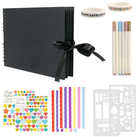 Intirilife Fotoalbum zum selbst gestalten in Schwarz - 30.5 x 21.5 x 1.8 cm - Fotobuch mit Spiralbindung 80 schwarze Seiten DIY mit Stiften Stickern Schablonen, Geschenk Hochzeit