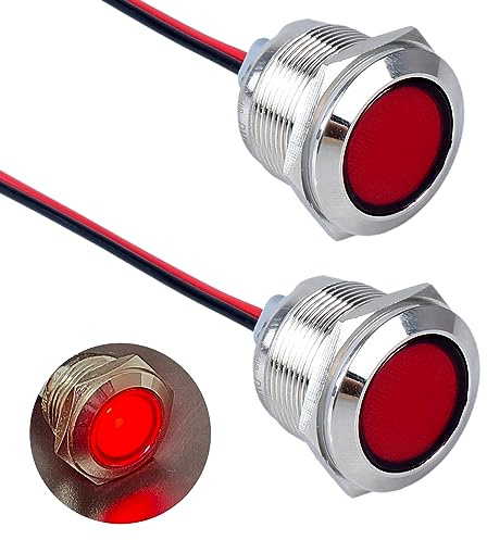 DMWD 2PCS 22mm Metal Indicator Light Mounting Hole 7/8, 12-24V AC/DC 20mA Waterproof IP67 Single lamp LED Pilot Lamp Flat Head with 20cm/7.87in. Wire for Car Truck Boat(Red LED)