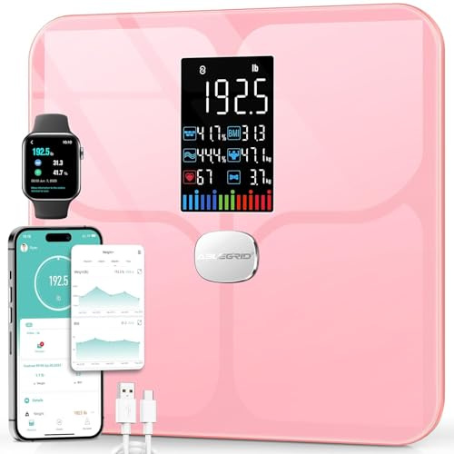 ABLEGRID Pèse-personne numérique intelligent pour poids corporel, grand écran LCD, 16 mesures de composition corporelle, IMC, poids de l'eau, fréquence cardiaque, mode bébé, 181,4 kg, rechargeable