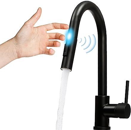 Touch On Sensor Wasserhahn Schwarz Küchenarmatur mit Ausziehbarer Brause, 360° Drehbar Spültischarmatur, Einhand-Spültischarmatur, Mischbatterie Küche mit 2 Wasserstrahlarten, Sprudel und Spray