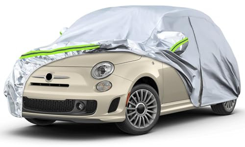 JUDANNA Autoabdeckung Outdoor Wasserdicht Passend für 2007-2025 FIAT 500 500C 500E Abarth 500, Sommer Vollgarage Autoplane Auto Abdeckplane Outdoor Abdeckung für Regen Sonne Staub UV-Schutz, Silber