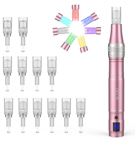 PELCAS Derma Pen 9 Stufen LCD Anzeige mit 7 Farben Licht inkl.12 Nadelköpfe | Einstellbare Länge Elektrischer Mikrodeedling Pen Mikronadelstift Mikronadel Tragbares Microneedling Schönheit Gerät Rosa