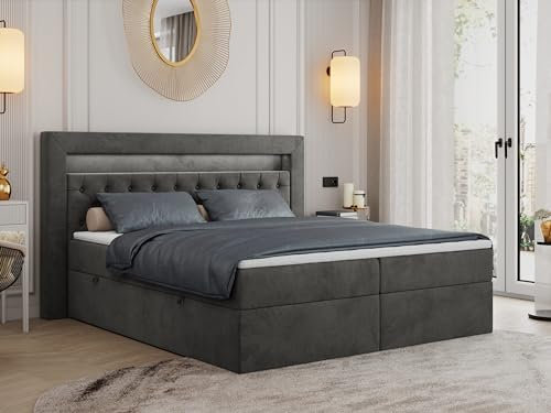MKS MEBLE Boxspringbett 200x200 mit Led Grau Samt, Bett 200x200 mit LED Kopfteil, Multipocket Matratze H3, Doppelbett mit Bettkasten Stauraumbett - Gold-6 - Dunkelgrau Velvet
