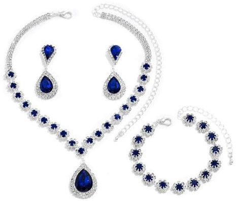 FDEETY Schmuckset für Damen Modische Elegante Schmuck Braut Tropfen Halskette Armbänder Strass Ohrringe Set Anhänger Schmuck Set Geschenke Schmuck(Blau)