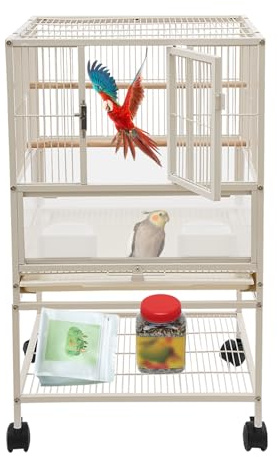 PUDLOR Stehender Großer Vogelkäfig, Vogelkäfig Groß Wellensittich Käfig Atmungsaktives Design Visualisierung Abschließbar Geschlossene Transparente Platte 4 Universalräder für Papageien, Langschwanzlo