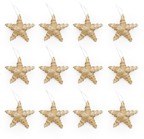 SALCAR 12er Set Strohsterne zum Hängen, handgemachter natürlicher Fünfzackiger Stern – Weihnachtsbaumanhänger Schmuck für Christbäume
